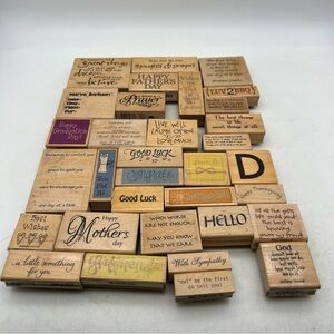 Lot Of 33 Vtg Wooden Rubber Stamps Lot Of Various Sayings Words Quotes Holidays